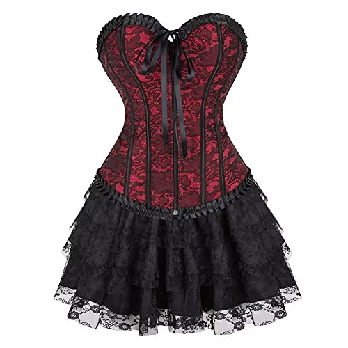 Josamogre Korsett Sexy Kleider Rock Damen Corsage Vollbrust Bustier Corset Dress Korsagenkleid Reißverschluss Gothic Burlesque Vintage Rot 6XL von Josamogre