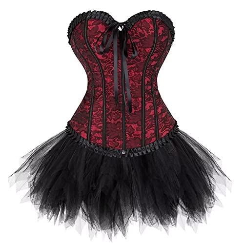 Josamogre Korsett Sexy Kleider Rock Damen Corsage Vollbrust Bustier Corset Dress Korsagenkleid Reißverschluss Gothic Burlesque Vintage Rot S von Josamogre