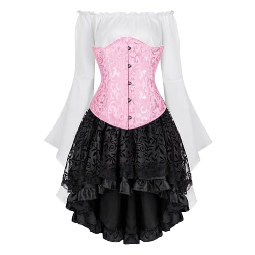 Korsett Underbust Set Damen Kleid 3 teiliges Corsagenkleid Corsage Kostüm mit Spitzenrock und Bluse für Karneval Fasching Halloween Rosa 2XL von Josamogre