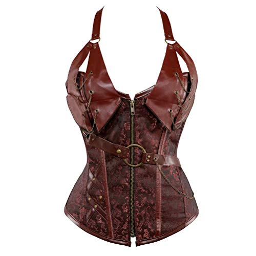 Josamogre Leder Korsett Steampunk Vollbrust Vintage Corsage Bustier mit träger Gothic Punk Korsage piraten Top Damen Braun M von Josamogre