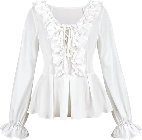 Mittelalter Kleidung Bluse Renaissance Piratenbluse Damen Trompetenärmel Kostüm Gothic T-Shirt Tops elegant White Vintage RETR Halloween Cosplay Weiß L von Josamogre