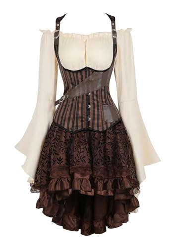 Piraten Kleid Damen Set Unterbrust Korsett Steampunk Rock Top Kostüm Corset Dress Schnüren Große Größen Karneval Braun 6XL von Josamogre