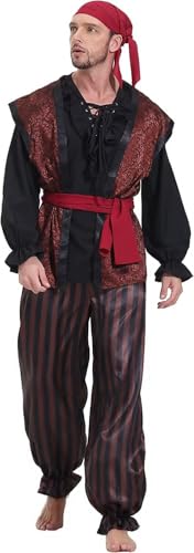 Piraten kostüm Herren piratenkostüm Kopftuch Oberteil 5 Set Hose gürtel Weste Wikinger Karneval Halloween Cosplay braun 3XL von Josamogre