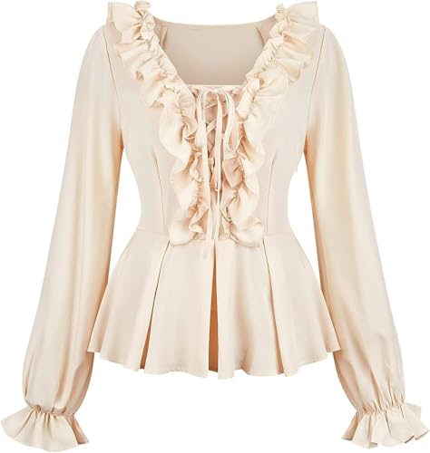 Piratenbluse Damen Mittelalter Kleidung Bluse Renaissance Trompetenärmel Kostüm Gothic T-Shirt elegant sexy Vintage RETR Halloween Cosplay Khaki Crème S Piratenbluse Damen Mittelalter Kleidung Bluse Renaissance Trompetenärmel Kostüm Gothic T-Shirt elegant sexy Vintage RETR Halloween Cosplay Khaki Crème S von Josamogre