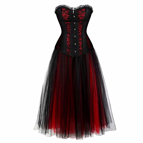 Spitzen schnüren Corsage Korsett Kleid Lang Tutu Steampunk Corsagenkleid Bustier Rock Halloween Burlesque Schwarz rot M von Josamogre