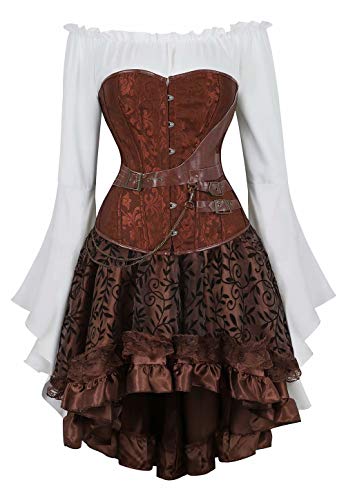 Josamogre steampunk korsett damen 3 teilig corsage kleid rock blusen korsettkleid gothic sexy pirat frauen halloween braun L von Josamogre