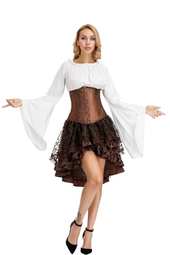 Underbust Korsett Kleid Set 3 Pcs Corset Dress Damen Corsagenkleid Corsage Piraten Rock Kostüm mit Spitzenrock und Bluse für Karneval Fasching Braun L von Josamogre
