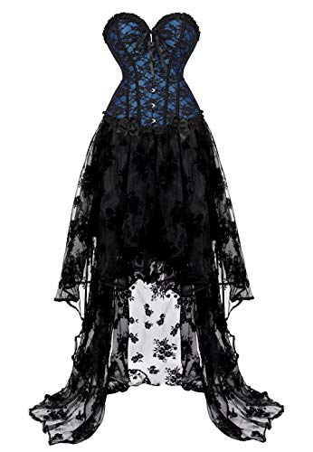 Josamogre corsagenkleid vollbrust kleid corsage bustier korsett kleider spitze lang asymmetrisch rock tüllrock halloween Blau Schwarz M von Josamogre