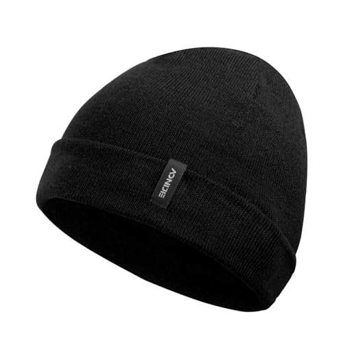 Joscoal Merino Mütze Beanie Unisex, Doppelt Gestrickt Merinowolle Wintermütze Frühling Mütze Haube für Damen & Herren Warme Strickmütze Sportmütze Weich Winter Mütze，Schwarz von Joscoal