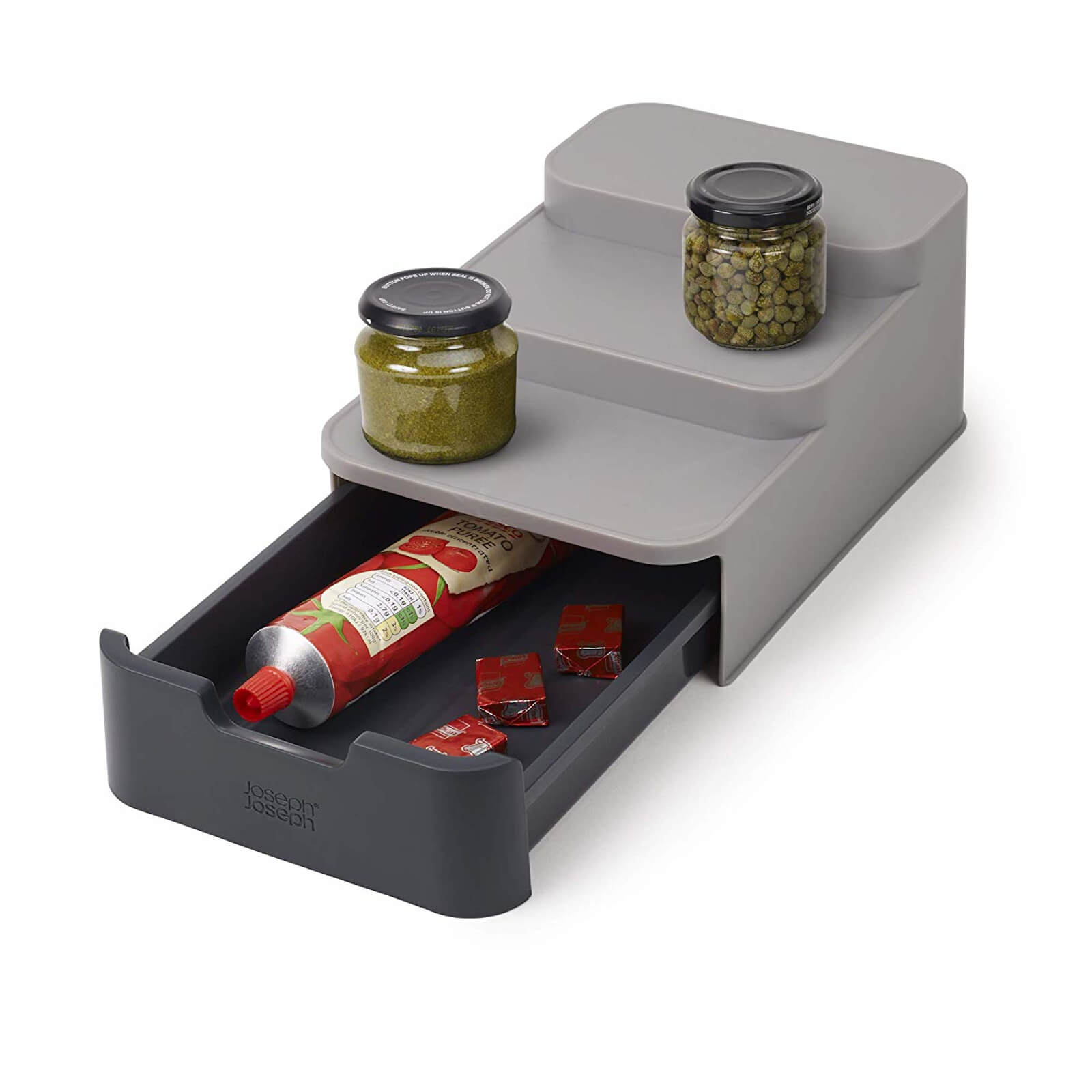 Joseph Joseph Cupboard Store Compact Tiered Organiser With Drawer - Grey von Joseph Joseph