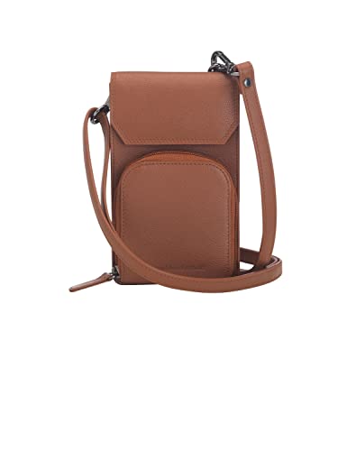 Josephine Osthoff Handy Umhängetasche mit Vortasche für Kopfhörer, handgemacht aus 100% Echtleder, Crossbody Schultergurt, 4 Kartenfächer, Farbe:caramel von Josephine Osthoff