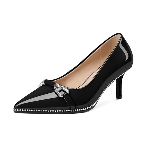 Joseywade Damen-Pumps mit niedrigem Kätzchen-Absatz, 6,3 cm, geschlossene, spitze Zehenpartie, Perlen, Metallschnalle, Lackschwarz, 39 EU von Joseywade