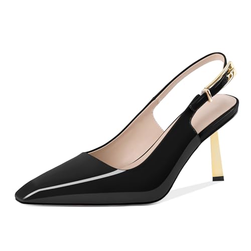 Joseywade Slingback Heels Damen Gold Heels Geschlossene Quadratische Zehe Stiletto High Heel Pumps Metallschnalle Kleid Schuhe, Lackschwarz, 37.5 EU von Joseywade