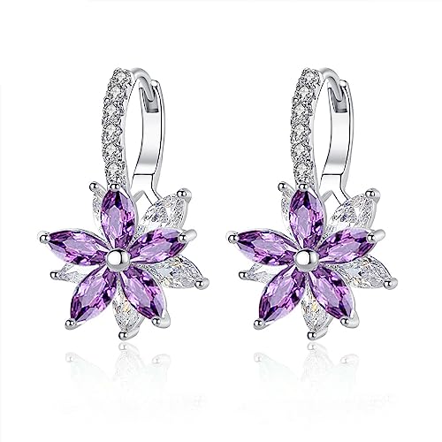 Josfeva Creolen Ohrringe für Damen, Klein Hoop Ring Huggie Kreolen, Blumen Klapp-Creolen mit AAA Zirkonia, Sommer Winter Silber Lila Ohrringe Creolen Mädchen, Hängeohrringe Ohrschmuck von Josfeva