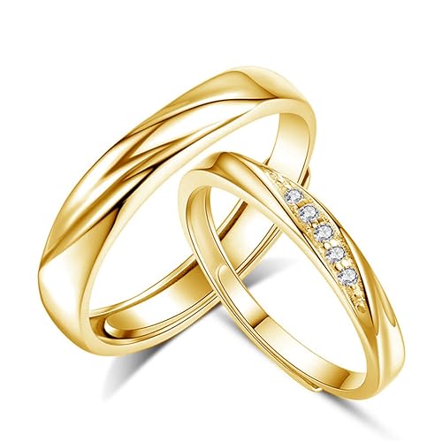 Josfeva Damen & Herren Paar Ringe Partnerringe 925 Sterling Silber Offen Gold Verstellbare Versprechen Verlobungsring Hochzeitsring Band Ring mit Weiß Zirkonia Geschenk für Frau Mann Freundin Freund von Josfeva