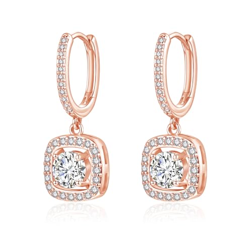 Josfeva Silber 925 Creolen Ohrringe für Damen, 925 Sterling Silber Creolen mit Anhänger, Rosegold Quadrat Ohrringe Hängend mit Cubic Zirkonia, Hypoallergen Ohrschmuck zum Geburtstag mit Geschenkbox von Josfeva