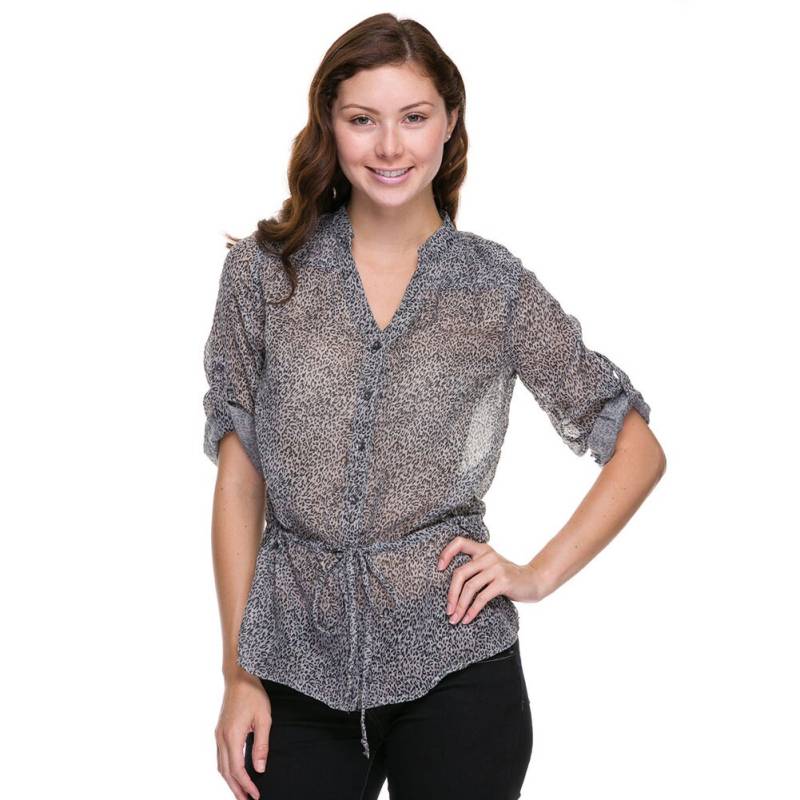 Frauen Bluse Und Top Sheer Button-Down-Top Mit Rolled-Up-Ärmel, Leopard Print Shirt von JoshuaTreeApparel