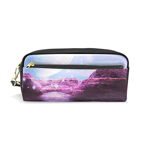 Kosmetiktasche aus PU-Leder, Fantasie, Vollmond-Landschaft, Berge, Reisen, Kosmetiktasche, Kosmetik- und Toilettenartikel-Organizer-Tasche für Damen von Josid