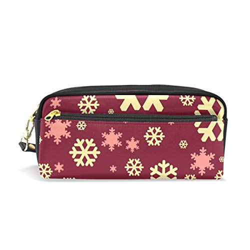 Kosmetiktasche aus PU-Leder mit weihnachtlichem Schneeflockenmuster auf burgunderrotem Hintergrund, Reise-Kosmetiktasche, Kosmetik- und Toilettenartikel-Organizer-Tasche für Damen von Josid