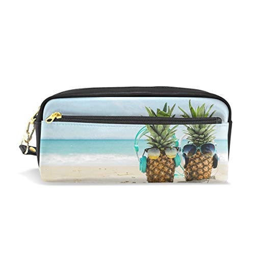 PU-Leder-Strand-Hintergrund mit cooler Ananas, trägt Kopfhörer, Brille, Reise-Kosmetiktasche, Make-up, Clutch, Kosmetik- und Toilettenartikel-Organizer-Tasche für Damen von Josid