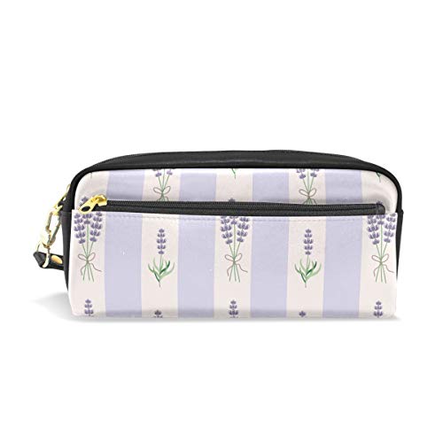 Reise-Kosmetiktasche aus PU-Leder, Lavendel auf violettem Streifenhintergrund, Make-up-Tasche, Kosmetik- und Toilettenartikel-Organizer-Tasche für Damen von Josid