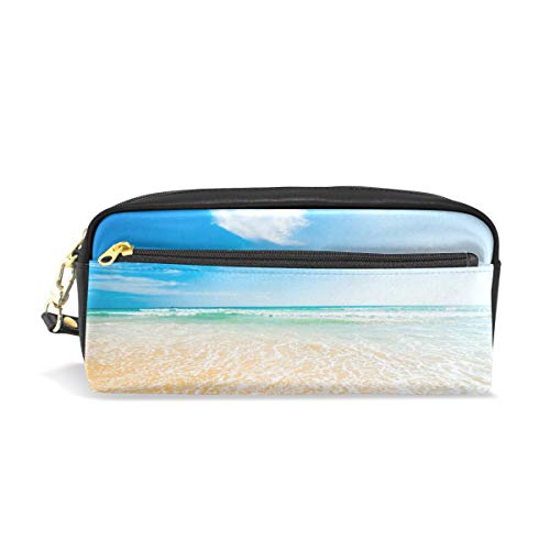 Reise-Kosmetiktasche aus PU-Leder, Motiv: tropischer Ozean und Wellen bei Sonnenaufgang auf dem Meer, Make-up, Clutch, Kosmetik- und Toilettenartikel-Organizer-Tasche für Damen von Josid