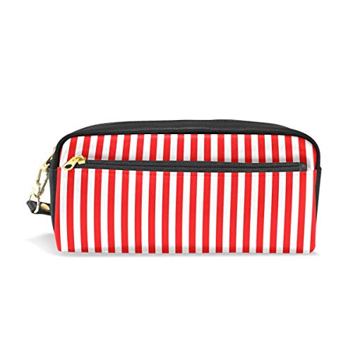 Reise-Kosmetiktasche aus PU-Leder, Rot und Weiß, vertikale Streifen, Make-up, Clutch, Kosmetik- und Toilettenartikel-Organizer-Tasche für Damen von Josid