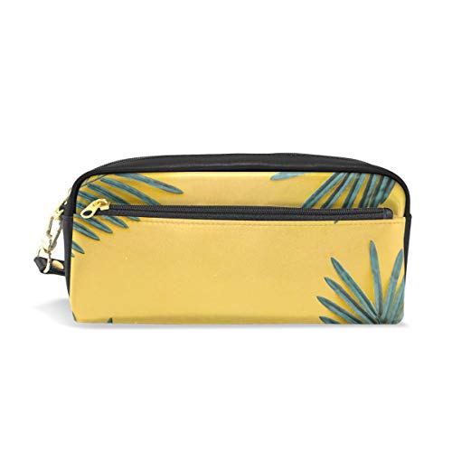 Reise-Kosmetiktasche aus PU-Leder, tropische Pflanzen, Palmenblätter auf gelbem Hintergrund, Kosmetik- und Toilettenartikel-Organizer-Tasche für Damen von Josid