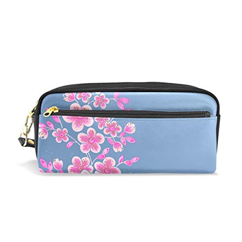 Reise-Kosmetiktasche aus PU-Leder mit Kirschblüten auf blauem Hintergrund, Kosmetik- und Toilettenartikel-Organizer-Tasche für Damen von Josid