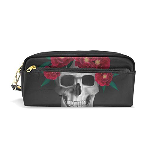 Reise-Kosmetiktasche aus PU-Leder mit Totenkopf mit roter Rose, Make-up-Tasche, Kosmetik- und Toilettenartikel-Organizer-Tasche für Damen von Josid