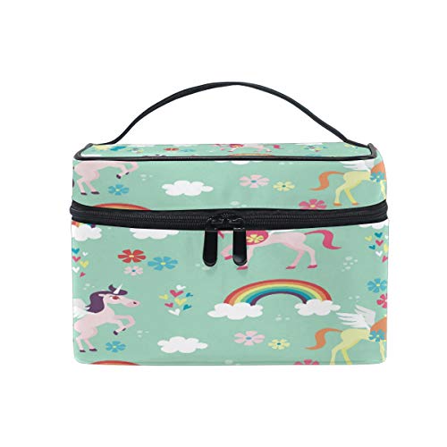 Reise-Make-up-Tasche, tragbar, Einhorn-Muster mit Regenbögen, Blumen, Kosmetiktasche, praktischer Kulturbeutel, Organizer für Damen, Mädchen von Josid