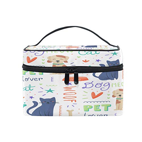 Reise-Make-up-Tasche, tragbar, Katzen-Hund, mit Wortmuster, Kosmetiktasche, praktischer Kulturbeutel, Organizer für Damen und Mädchen von Josid