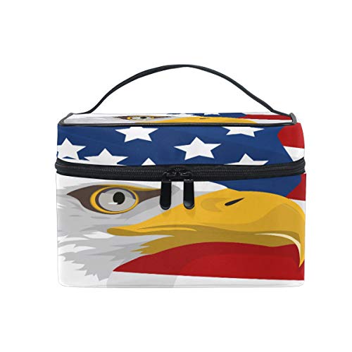 Reise-Make-up-Tasche, tragbar, Motiv: Amerikanischer Adler und USA-Flagge, praktischer Kulturbeutel, Organizer für Damen und Mädchen von Josid