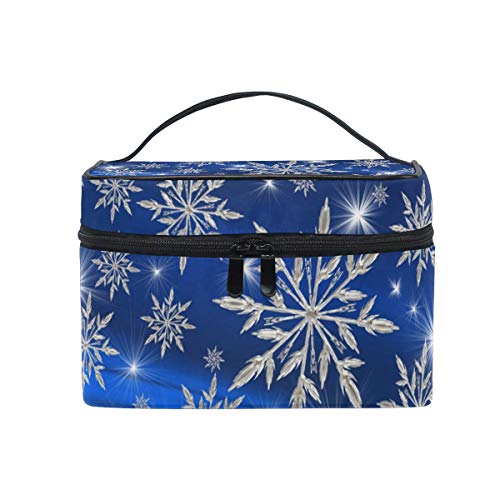 Reise-Make-up-Tasche, tragbar, Weihnachtsschneeflocken auf blauem Hintergrund, Kosmetiktasche, praktischer Kulturbeutel, Organizer für Damen und Mädchen von Josid
