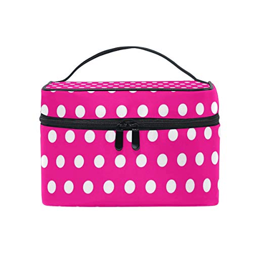 Reise-Make-up-Tasche, tragbar, rosa und weiß, Kreis, gepunktet, Kosmetiktasche, praktischer Kulturbeutel, Organizer für Damen und Mädchen von Josid