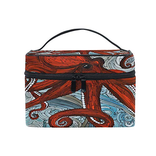 Reise-Make-up-Tasche, tragbar, roter Oktopus-Kosmetikbeutel, praktischer Kulturbeutel, Organizer für Damen, Mädchen von Josid