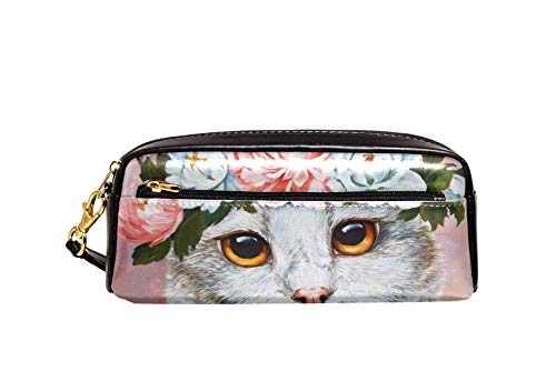 Federmäppchen, großes Fassungsvermögen, Katzenkopf mit Blume, Stifteetui, Organizer, Schreibwaren, Leder, Reise-Kosmetiktasche mit Fächern, Geschenk für Mädchen, Jungen, Frauen von Josidd