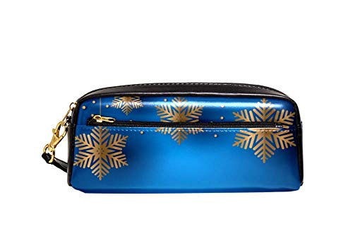 Federmäppchen, großes Fassungsvermögen, blauer Weihnachtshintergrund mit hängenden Schneeflocken, Stifteetui, Tasche, Organizer, Schreibwaren, Leder, Reise-Kosmetiktasche mit Fächern, Geschenk für von Josidd