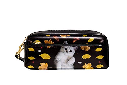 Federmäppchen Große Kapazität, Herbst Süße Katze, Stifteetui Tasche Halter Organizer Schreibwaren Leder Reise Kosmetiktasche mit Fächern Geschenk für Mädchen Jungen Frauen von Josidd