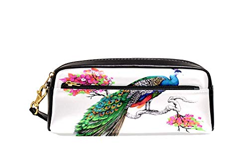 Federmäppchen mit großem Fassungsvermögen, Aquarell-Pfau auf blühendem Baum, Stifteetui, Organizer, Schreibwaren, Leder, Reise-Kosmetiktasche mit Fächern, Geschenk für Mädchen, Jungen, Frauen von Josidd