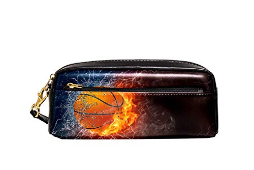 Federmäppchen mit großem Fassungsvermögen, Basketball auf Feuer und Wasser, Stifteetui, Organizer, Schreibwaren, Leder, Reise-Kosmetiktasche mit Fächern, Geschenk für Mädchen, Jungen, Frauen von Josidd