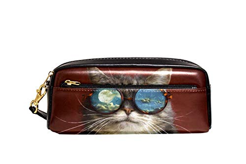 Federmäppchen mit großem Fassungsvermögen, Hipster-Katze, Sonnenbrille, Stifteetui, Organizer, Schreibwaren, Leder, Reise-Kosmetiktasche mit Fächern, Geschenk für Mädchen, Jungen, Frauen von Josidd