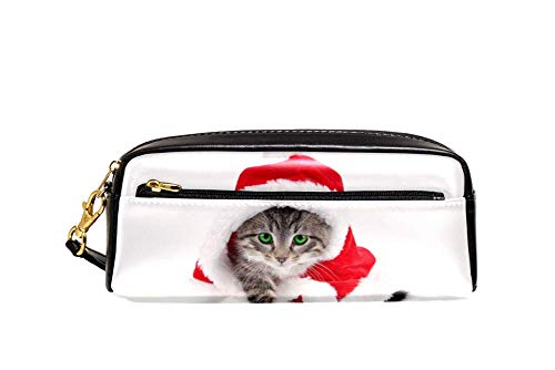 Federmäppchen mit großem Fassungsvermögen, Katze mit Weihnachtsumhang, Stifteetui, Organizer, Schreibwaren, Leder, Reise-Kosmetiktasche mit Fächern, Geschenk für Mädchen, Jungen, Frauen von Josidd