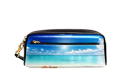 Federmäppchen mit großem Fassungsvermögen, blaue Strandmuscheln, Stifteetui, Organizer, Schreibwaren, Leder, Reise-Kosmetiktasche mit Fächern, Geschenk für Mädchen, Jungen, Frauen von Josidd