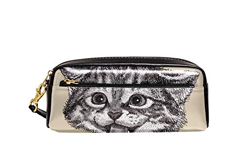 Federmäppchen mit großem Fassungsvermögen, handgezeichnete Katze, Stifteetui, Organizer, Schreibwaren, Leder, Reise-Kosmetiktasche mit Fächern, Geschenk für Mädchen, Jungen, Frauen von Josidd