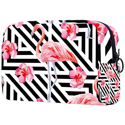 Kosmetiktasche mit Flamingo und Hibiskus auf schwarz-weißem geometrischem Muster, leicht, tragbar, Kosmetiktasche, für Damen, Reiseaufbewahrung, Kulturbeutel, Organizer, Outdoor, für Mädchen und Damen von Josidd
