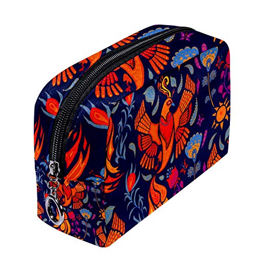 Make-up-Tasche, Motiv: Feuervogel und blaue Blumen, Reise-Kosmetiktasche, Pinseltasche, Kulturbeutel, Kulturbeutel, Kulturbeutel, tragbar, Reise-Make-up-Tasche, Aufbewahrungs-Organizer für Frauen und von Josidd