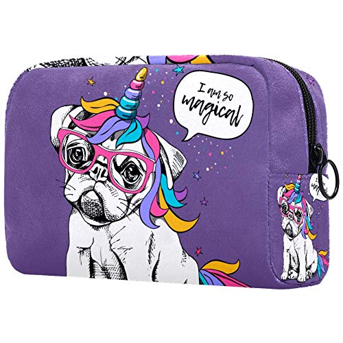 Make-up-Tasche, Motiv: Welpe, Bulldogge, Einhorn, leicht, tragbar, Kosmetiktasche für Damen, Reiseaufbewahrung, Kulturbeutel, Organizer, Outdoor, für Mädchen und Damen von Josidd