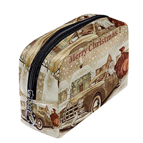 Make-up-Tasche im Vintage-Stil, Motiv: Weihnachtsmann im Auto, Reise-Kosmetiktasche, Pinseltasche, Kulturbeutel, Kulturbeutel, tragbar, Reise-Make-up-Tasche, Aufbewahrungs-Organizer für Frauen und von Josidd