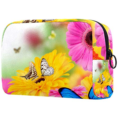 Make-up-Tasche mit bunten Schmetterlingen auf Gerberas, leicht, tragbar, Kosmetiktasche für Damen, Reiseaufbewahrung, Kulturbeutel, Organizer, Outdoor, für Mädchen und Damen von Josidd